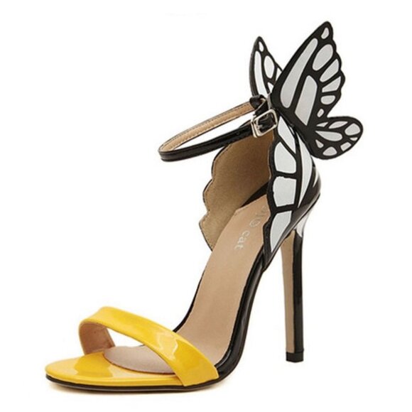 CUMANDUO YELLOW HEELS WITH BUTTERFLY WINGS SZ 39 - Picture 1 of 10
